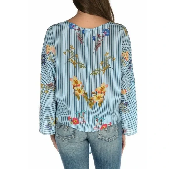 Tolani - Blue & White Stripe Shirt w/ Flowers - Size S - Picture 3 of 4